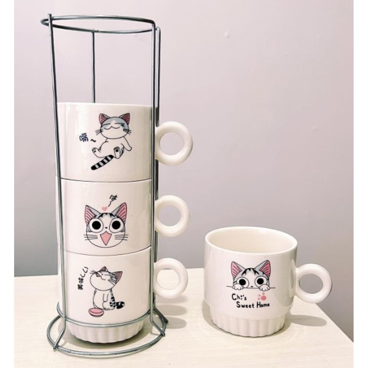 GENERICO - Juego de 4 Tazas  Apilables con soporte de metal Negro