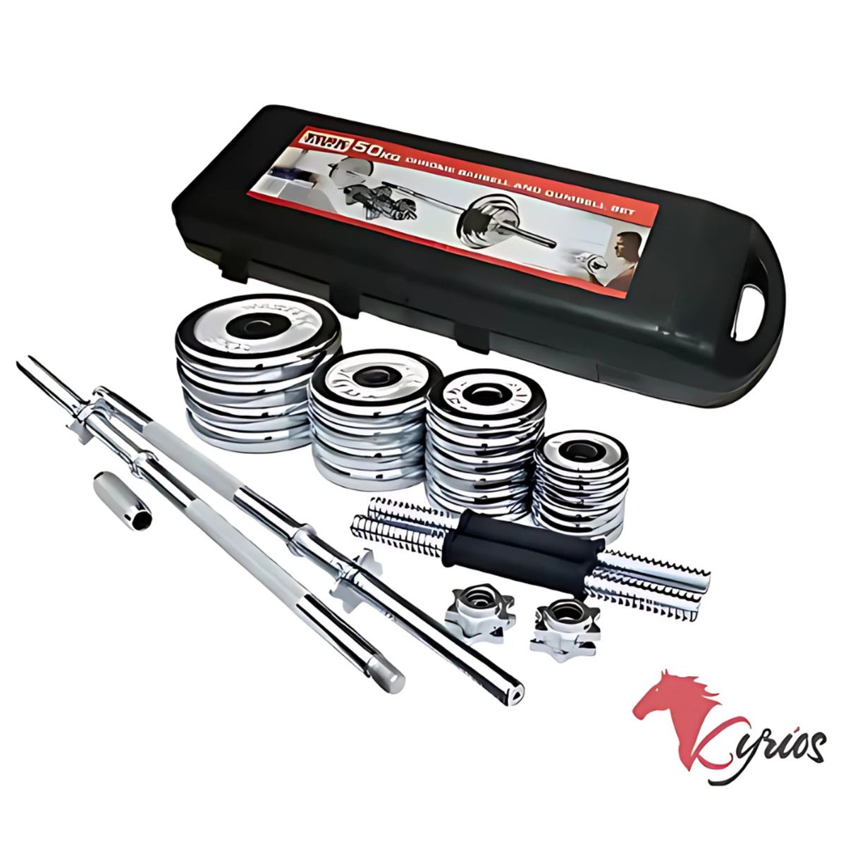 GENERICO - Set 50 Kilos Mancuernas Pesas Cromadas Maletin Y Barra Recta