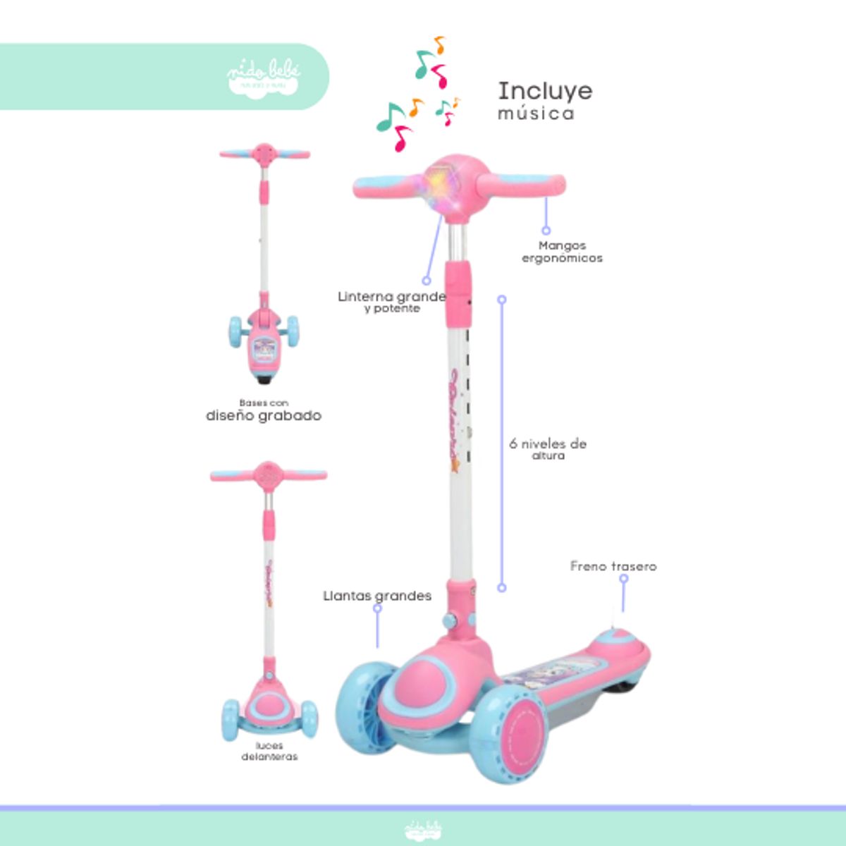 GENERICO - Scooter para niña musical rosado