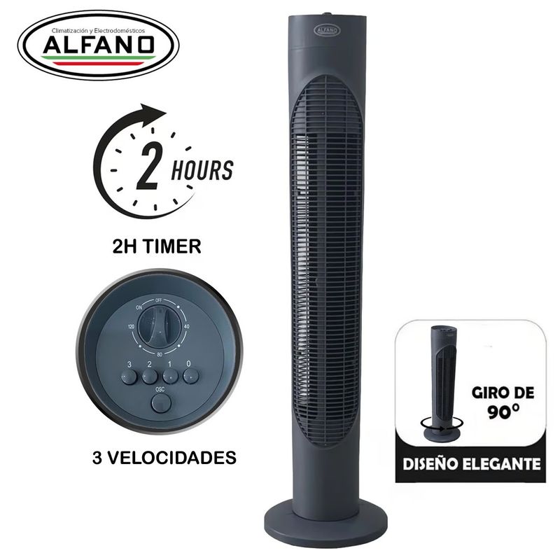 ALFANO - Ventilador de Torre ALFANO 3 Velocidades silencioso Gris