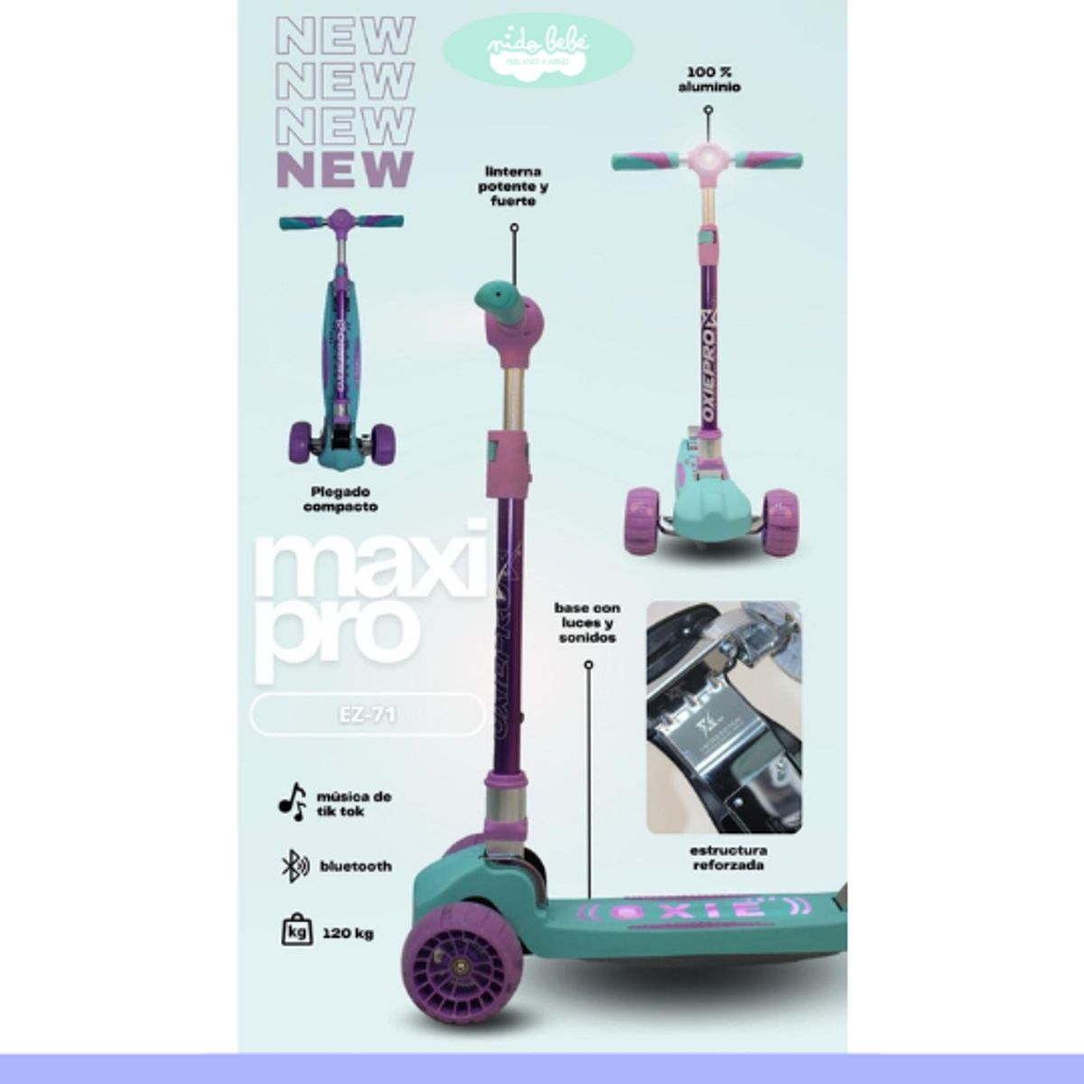 GENERICO - Scooter para niña maxi con bluetooth celeste