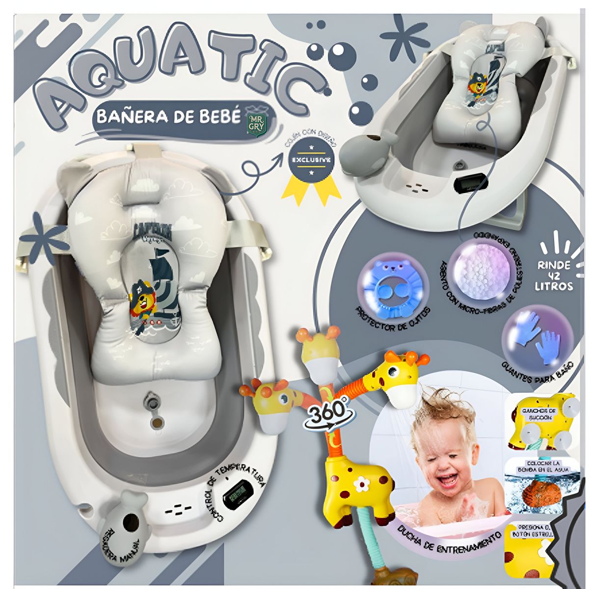 GENERICO - Tina Bañera Plegable AQUATIC Con Termómetro Gris