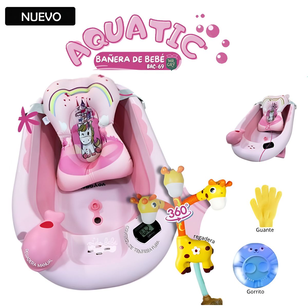 GENERICO - Tina Bañera Plegable AQUATIC Con Termómetro Rosado