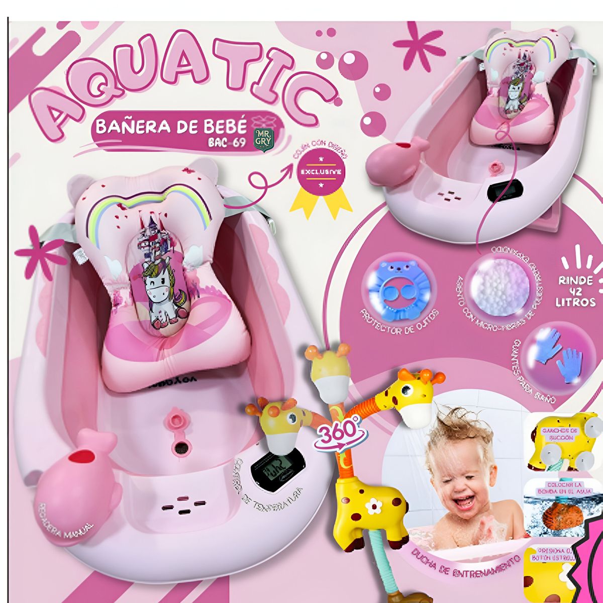 GENERICO - Tina Bañera Plegable AQUATIC Con Termómetro Rosado