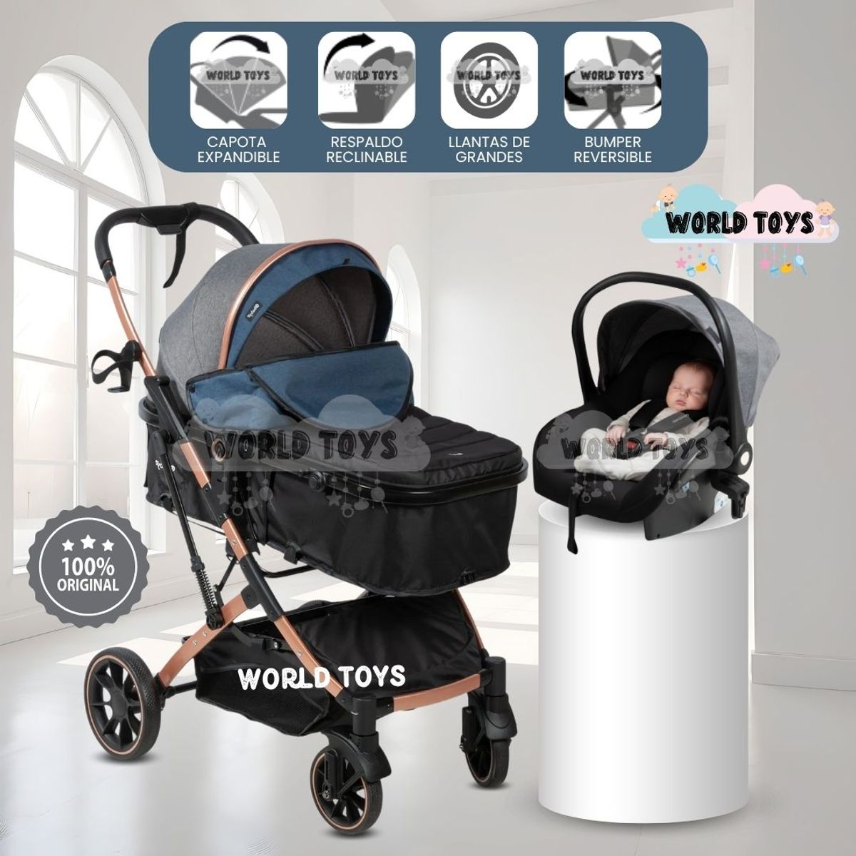 BABY - Coche Moisés Travel System «CLINT PRIME» con Porta Bebé Blue
