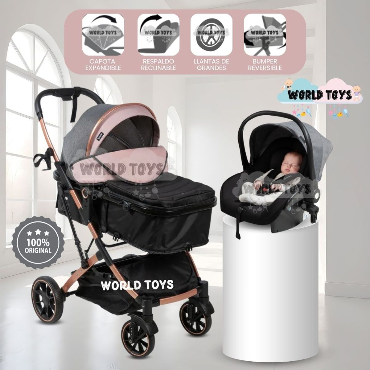 BABY - Coche Moisés Travel System «CLINT PRIME» con Porta Bebé Pink