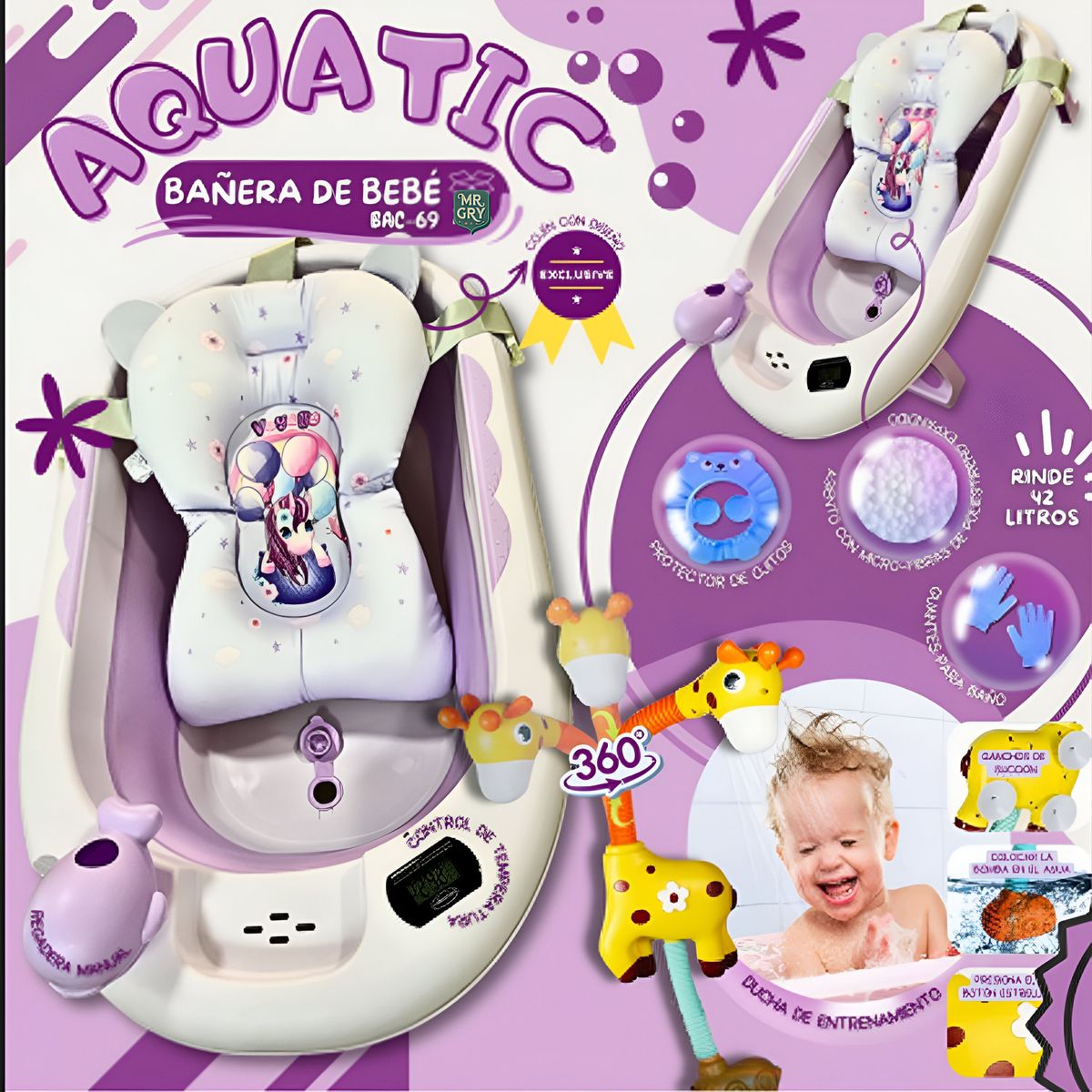 GENERICO - Tina Bañera Plegable AQUATIC Con Termómetro Lila