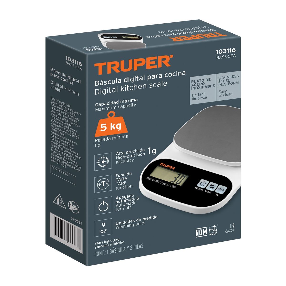 TRUPER - Báscula Digital para Cocina Plato de Acero Inox5kg