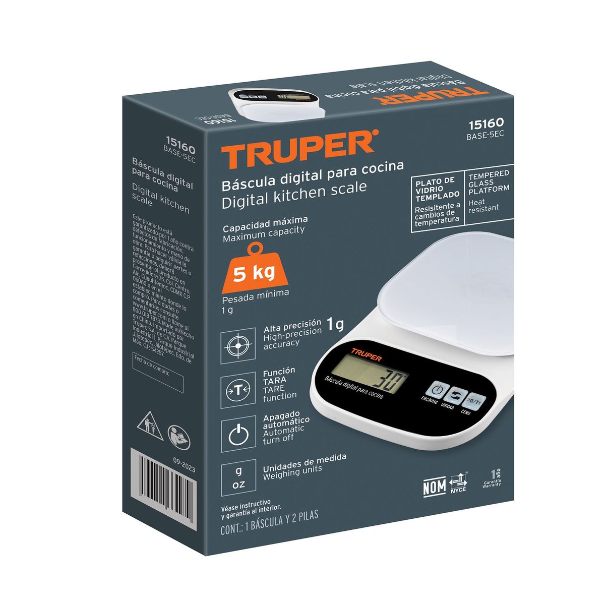 TRUPER - Báscula Digital para Cocina, Plato de Vidrio, 5 kg
