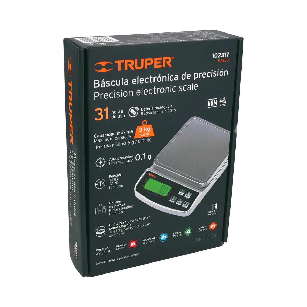 TRUPER - Báscula Electrónica de Precisión, Recargable, 3 kg