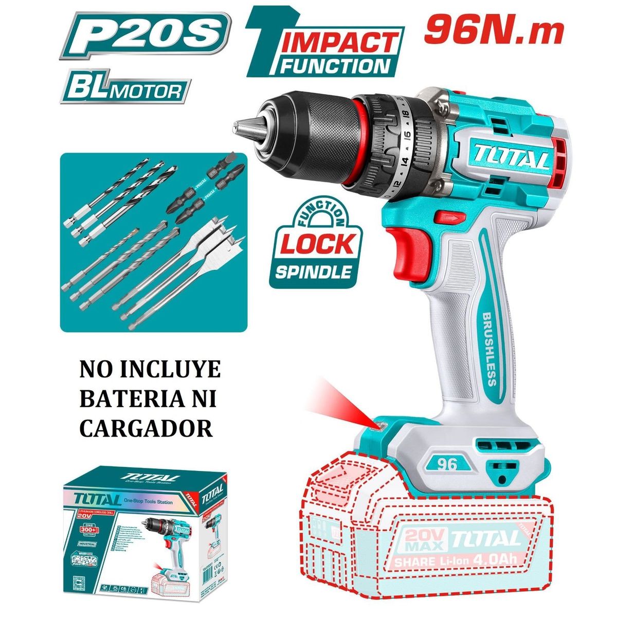 TOTAL TOOLS - Taladro Atornillador Percutor Motor BL 96Nm 20v- TIDLI209681
