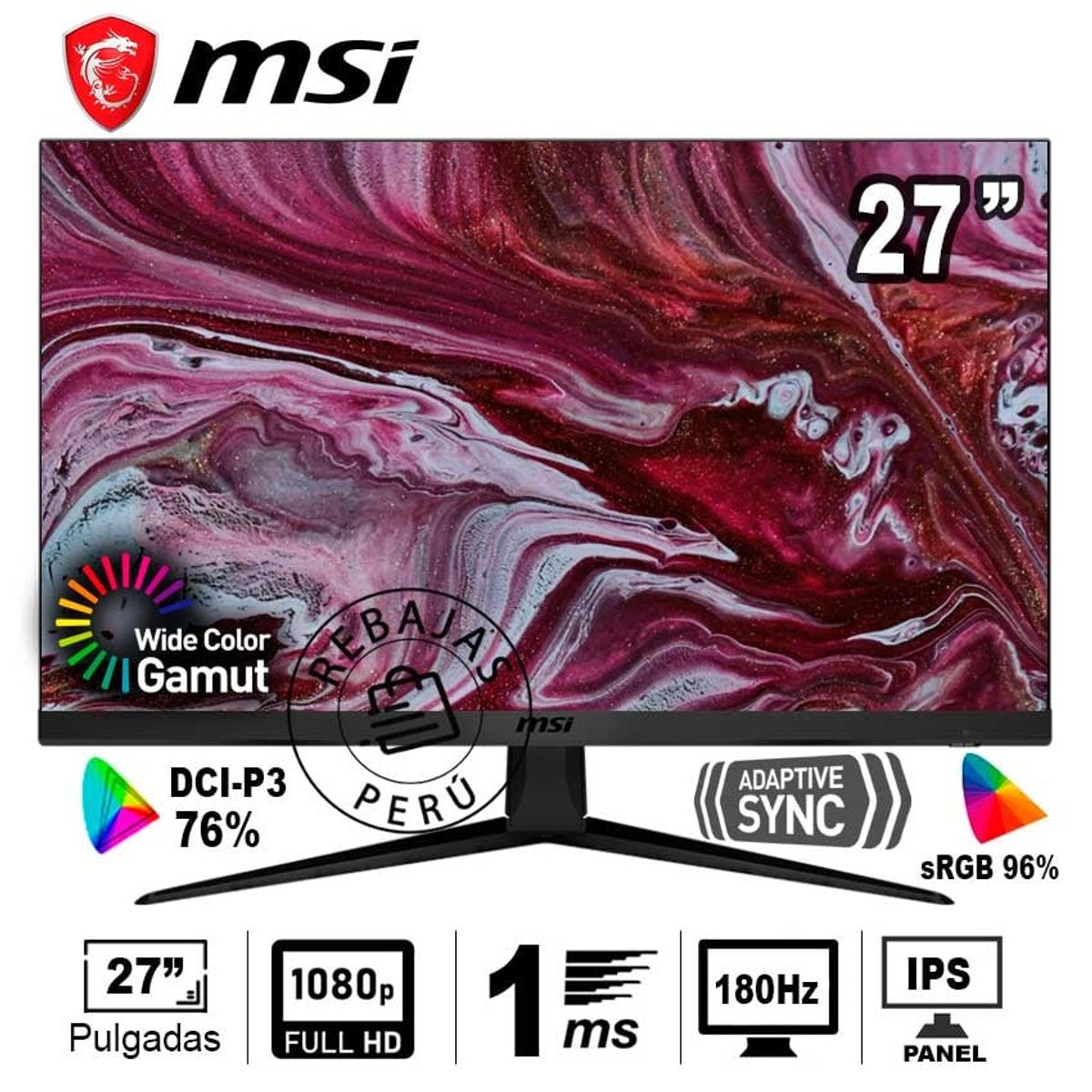 MSI - Monitor MSI G2712F 27 IPS FHD 180Hz 1ms FreeSync HDR HDMI DP USB-C