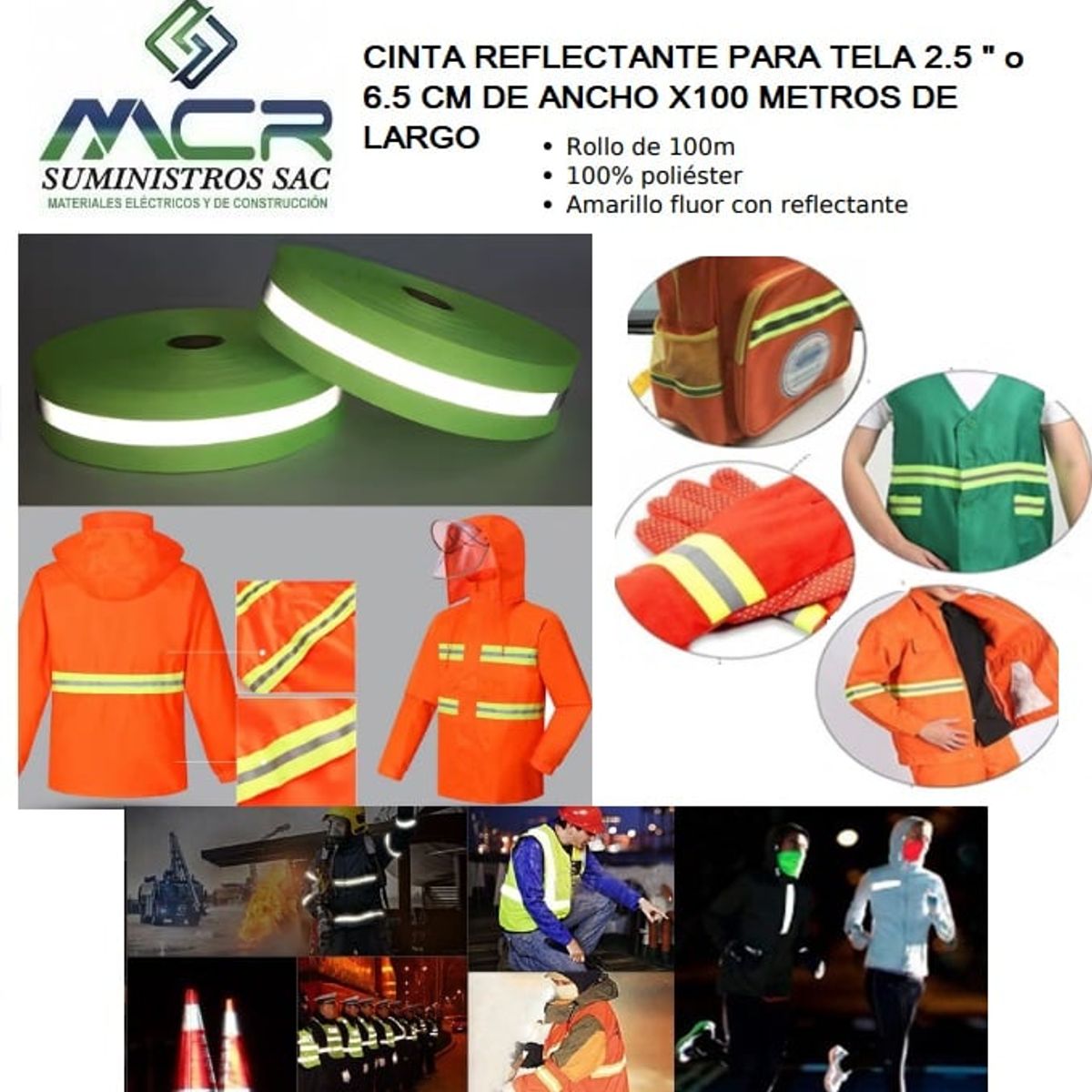 GENERICO - CINTA REFLECTANTE PARA ROPA TELA 2.5 " o 6.5 CM DE ANCHO X100 METROS DE LARGO