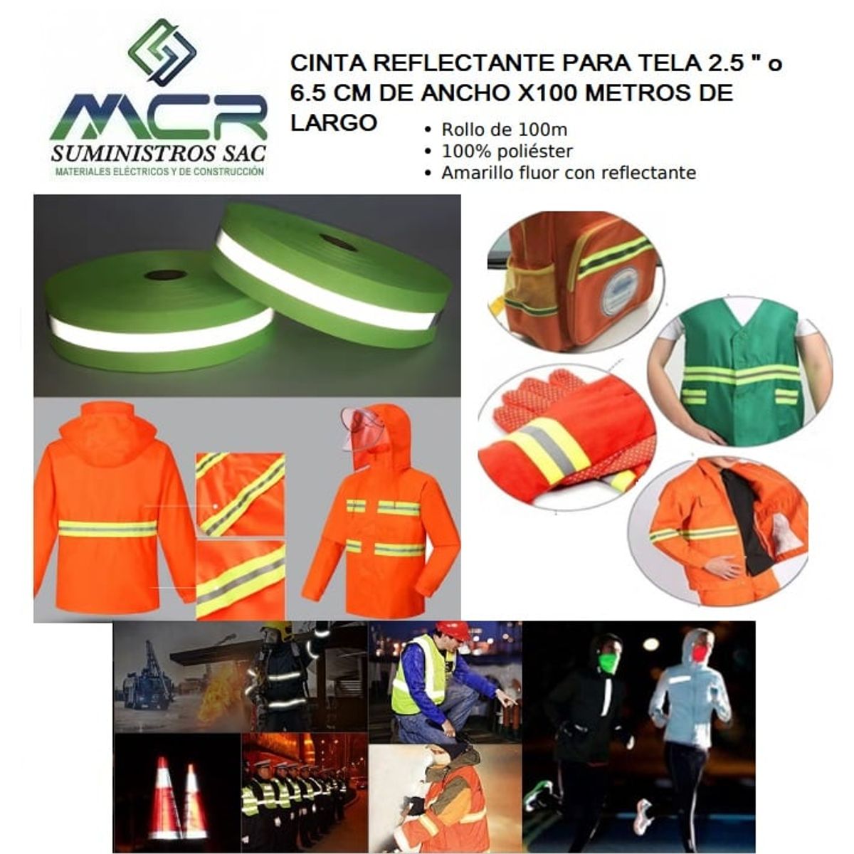 GENERICO - CINTA REFLECTANTE PARA ROPA TELA 2.5 " o 6.5 CM DE ANCHO X100 METROS DE LARGO