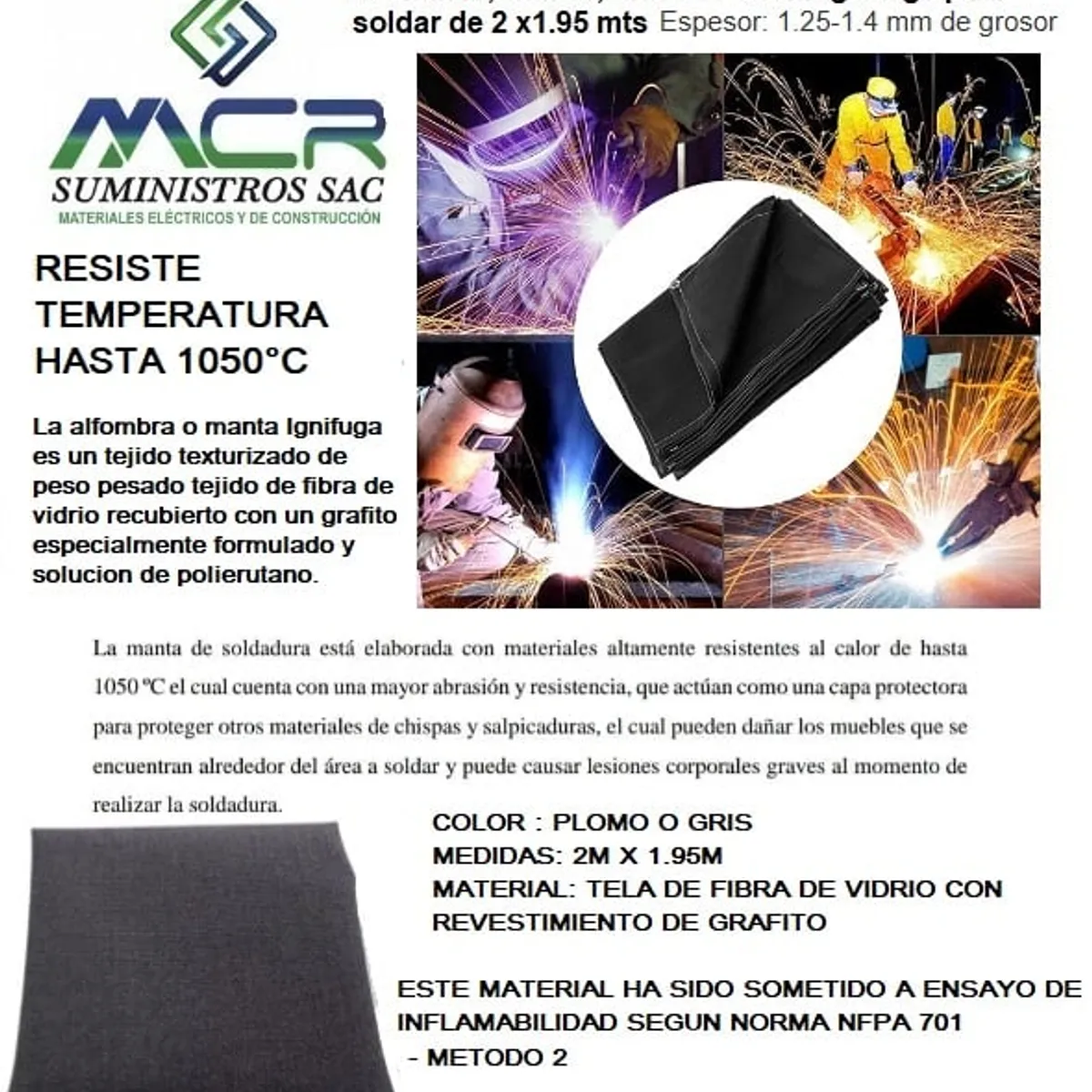 GENERICO - manta termica ignifuga para soldar 2m x 2m hasta 1050°C
