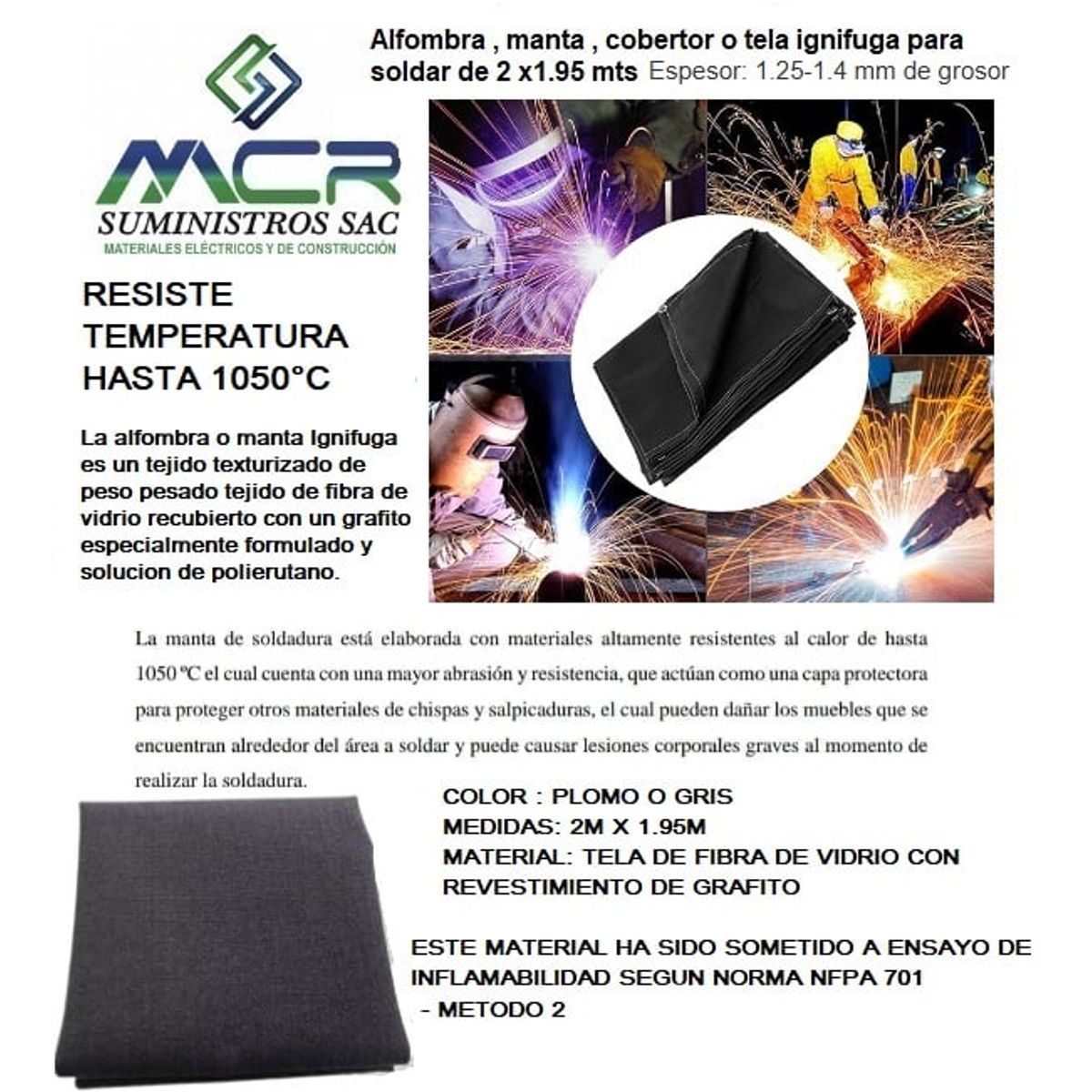 GENERICO - manta termica ignifuga para soldar 2m x 2m hasta 1050°C