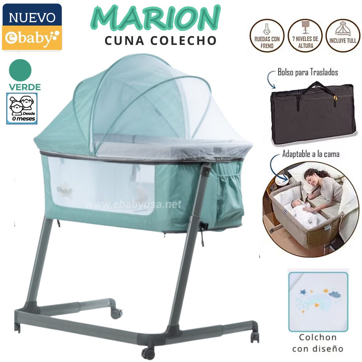 EBABY - Cuna colecho con Mosquitero Marion Verde