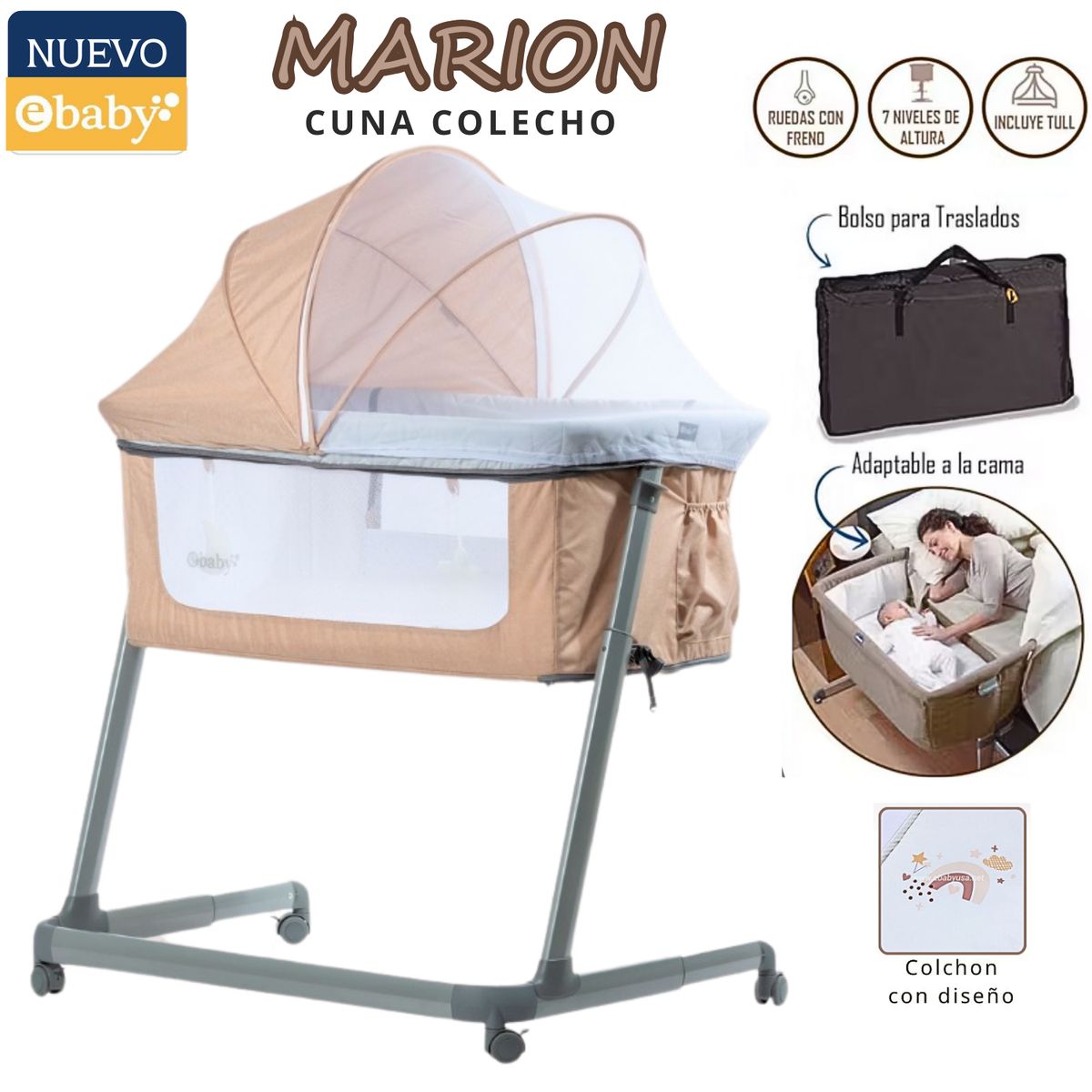 EBABY - Cuna Colecho con mosquitero Marion Beige