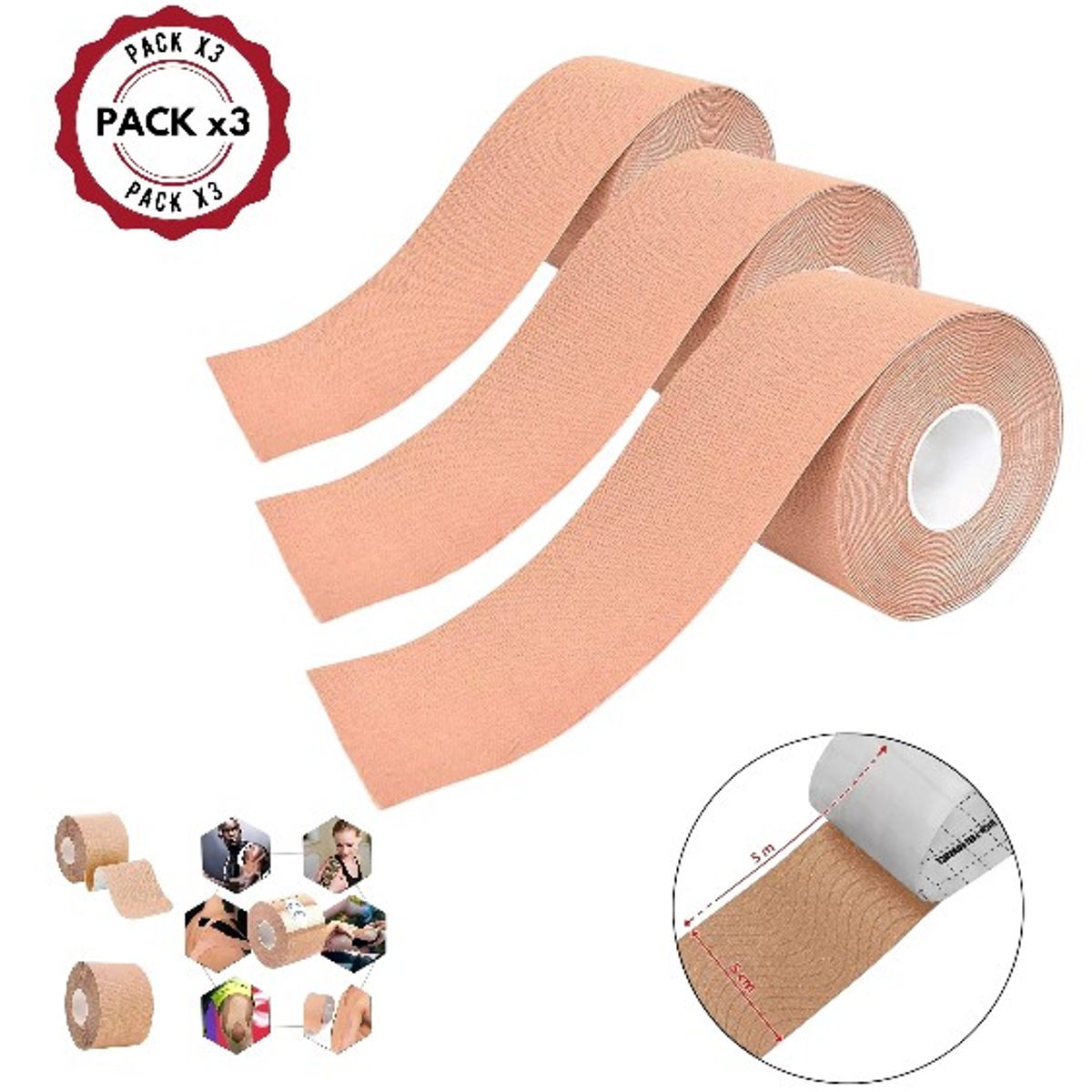 GENERICO - Pack x 03 Rollos Cinta Kinesiologica 5m X 5cm Soporte para Atleticos