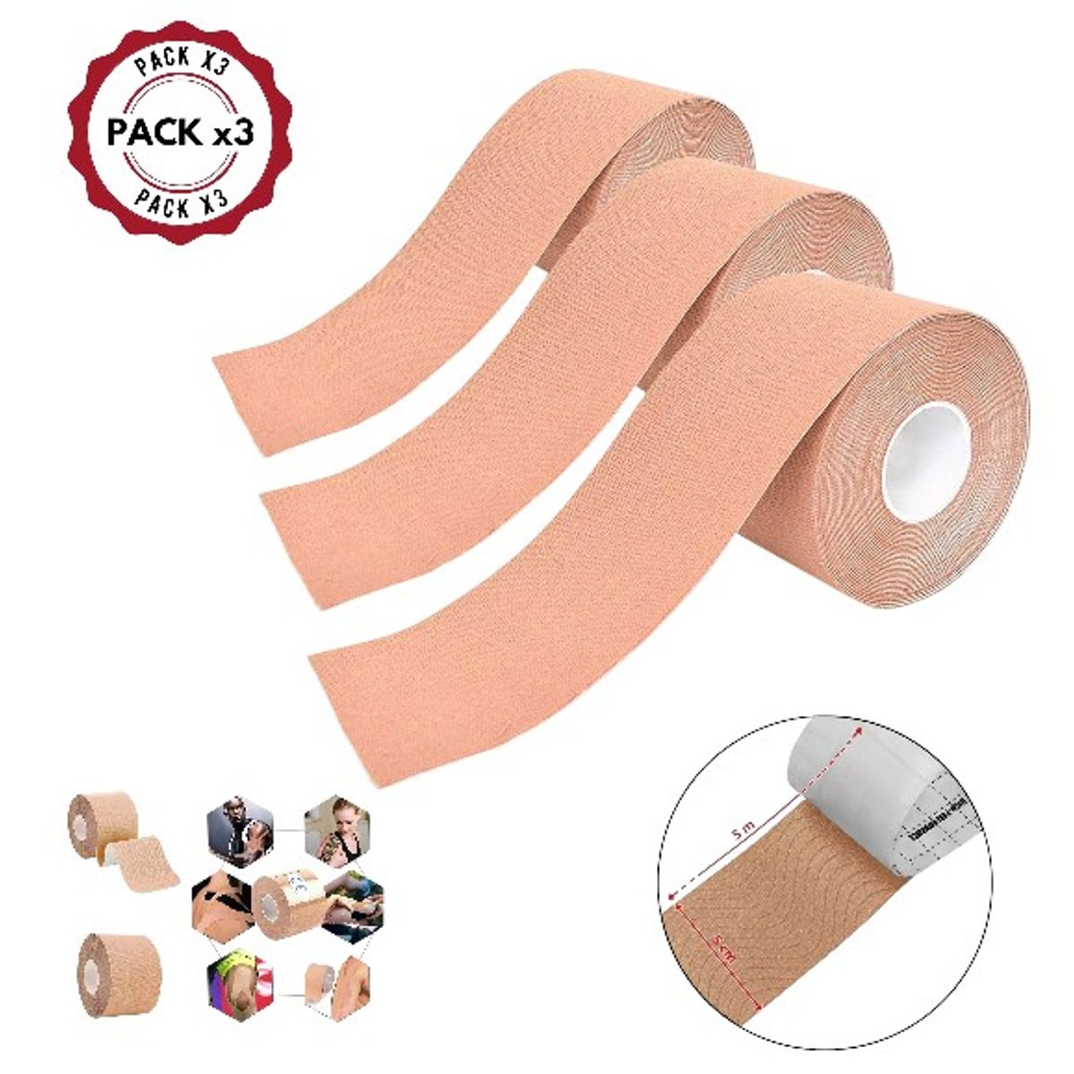 GENERICO - Pack x 03 Rollos Cinta Kinesiologica 5m X 5cm Soporte para Atleticos
