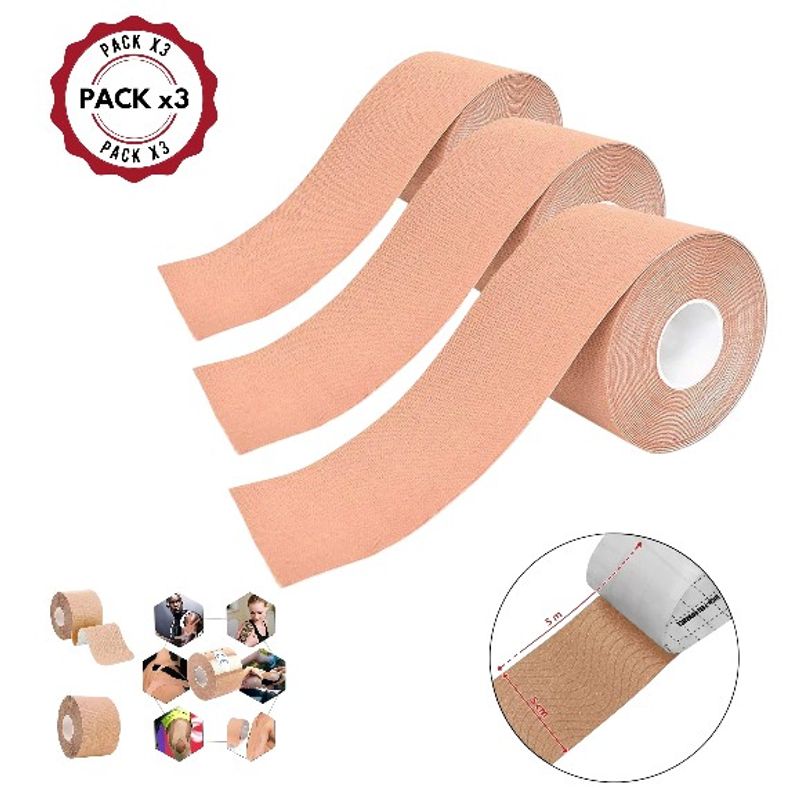 GENERICO - Pack x 03 Rollos Cinta Kinesiologica 5m X 5cm Soporte para Atleticos