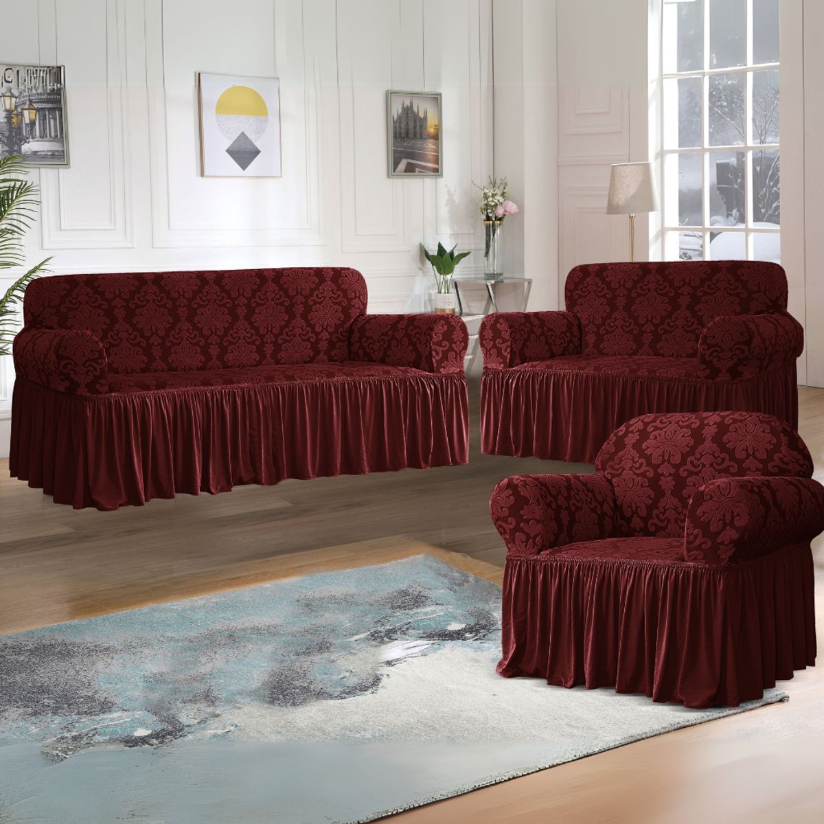 SALA FABULOSA - Funda de mueble 3-2-1 labrado imperial - Guinda