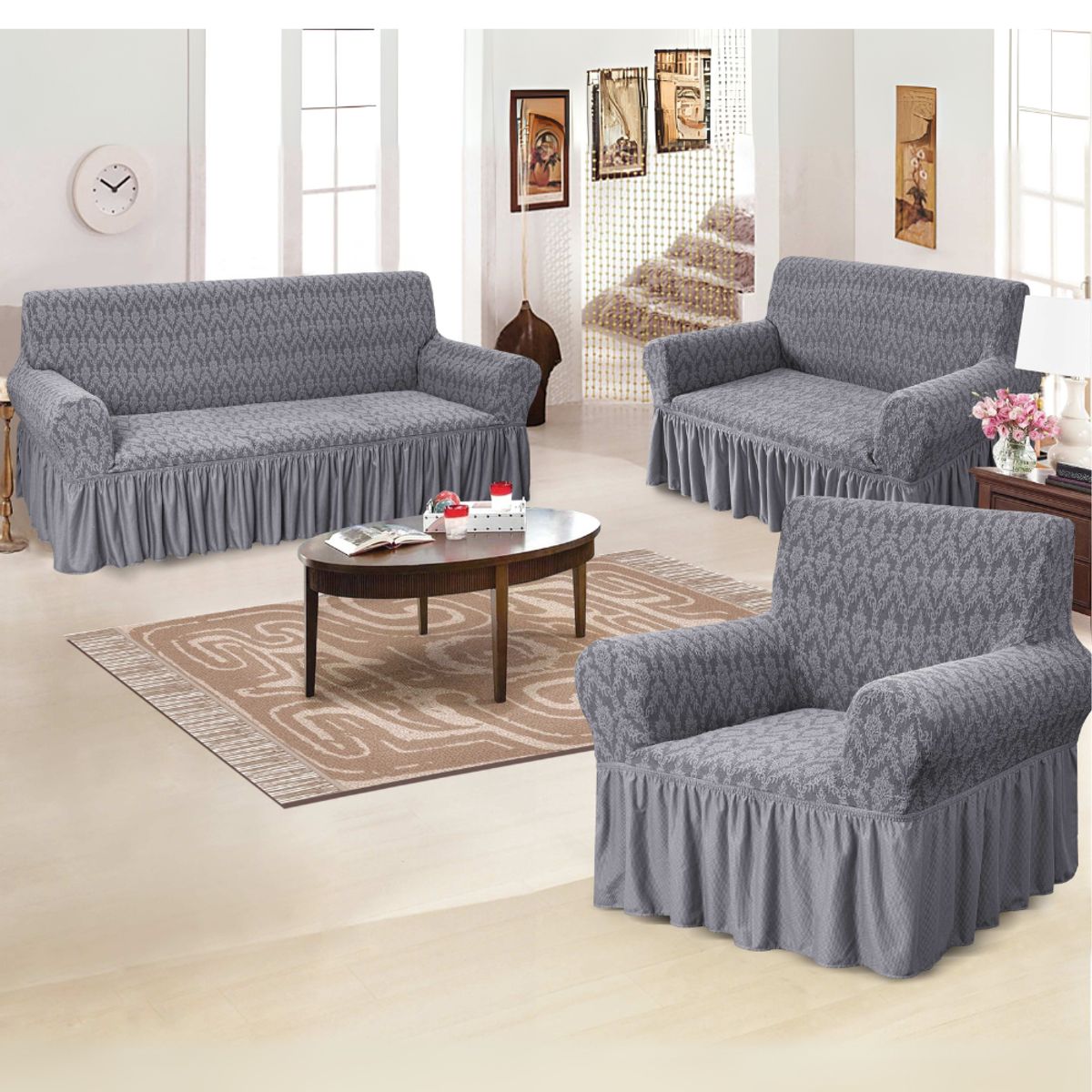 SALA FABULOSA - Funda de mueble 3-2-1 alto relieve diamante - Plomo