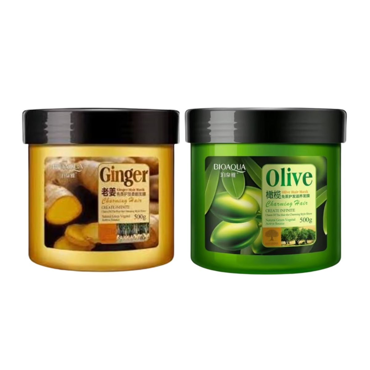 BIOAQUA - MASCARILLA DE JENGIBRE PARA EL CABELLO 500ML + MASCARILLA DE OLIVO PARA EL CABELLO 500G - BIOAQUA