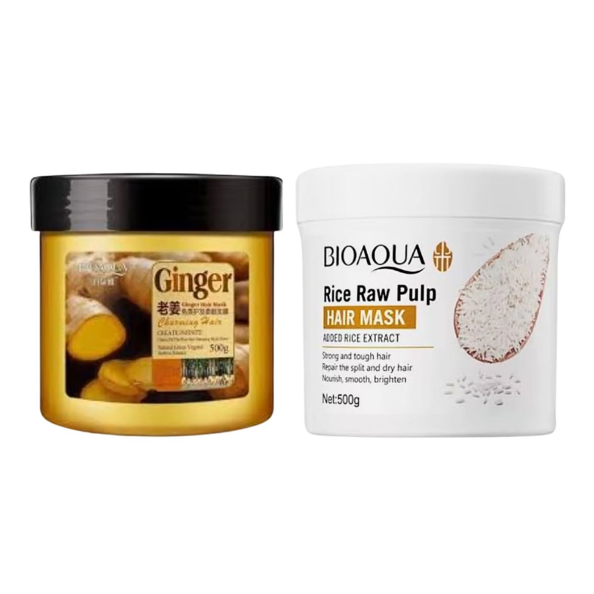 BIOAQUA - MASCARILLA DE JENGIBRE PARA EL CABELLO 500ML + MASCARILLA CAPILAR HAIR MASK DE ARROZ 500ML - BIOAQUA