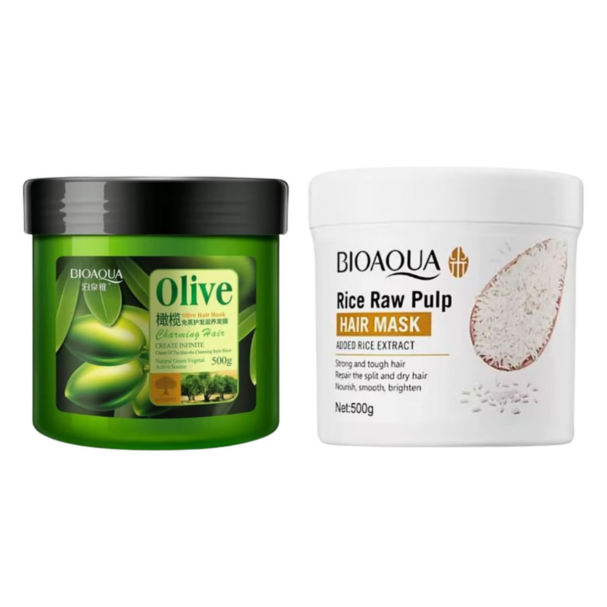 BIOAQUA - MASCARILLA DE OLIVO PARA EL CABELLO 500G - BIOAQUA + MASCARILLA CAPILAR HAIR MASK DE ARROZ 500ML - BIOAQUA