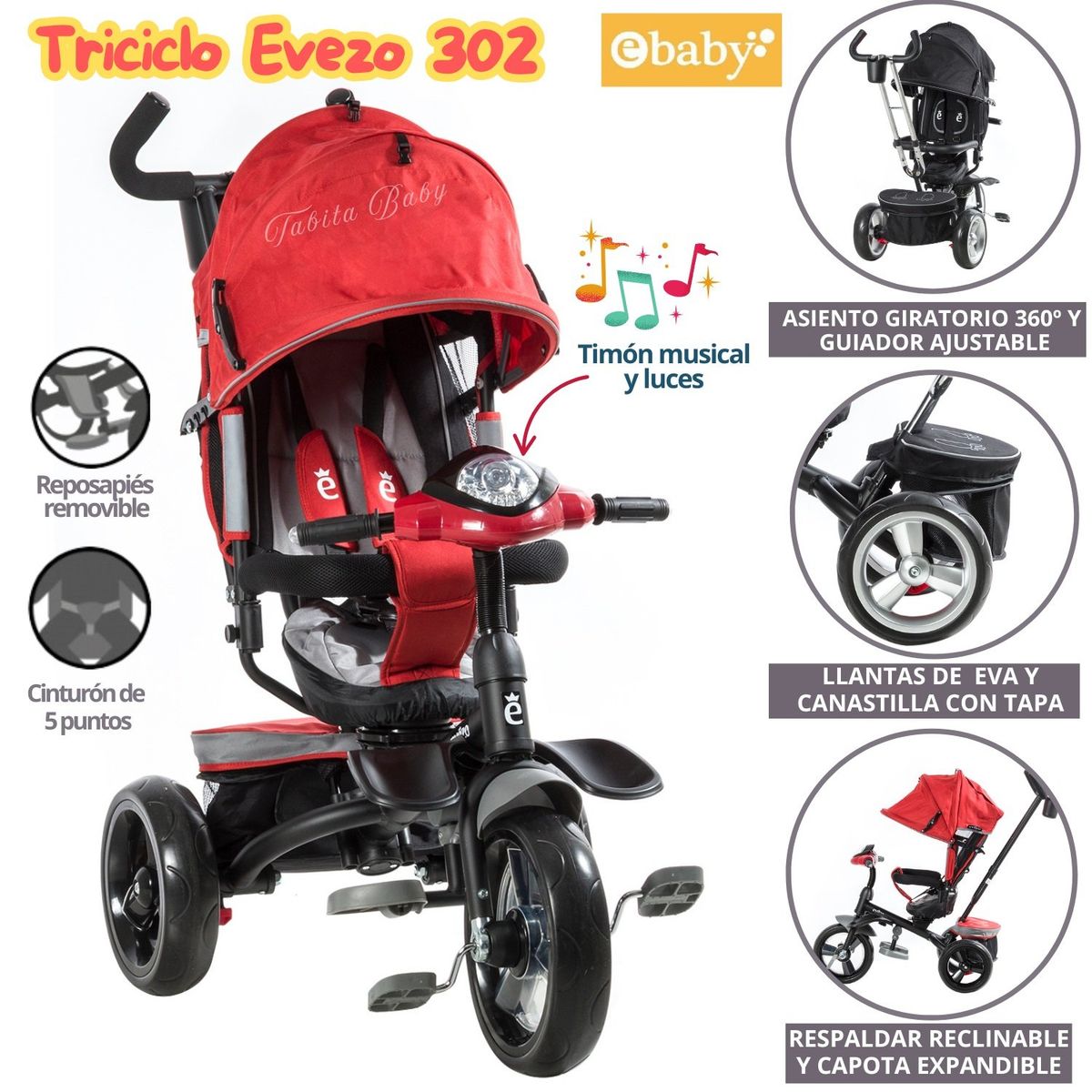 EVEZO - Triciclo de lujo giratorio musical con luces 320EV Rojo