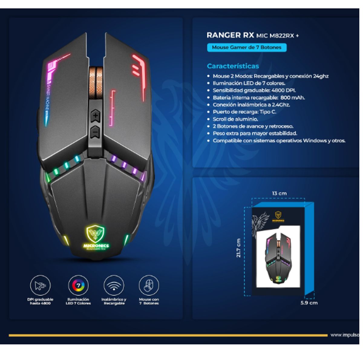 MICRONICS - Mouse Gamer RANGER RX MIC M822RX USB-C Wifi 7LEDS 7B 4800DPI MICRONICS