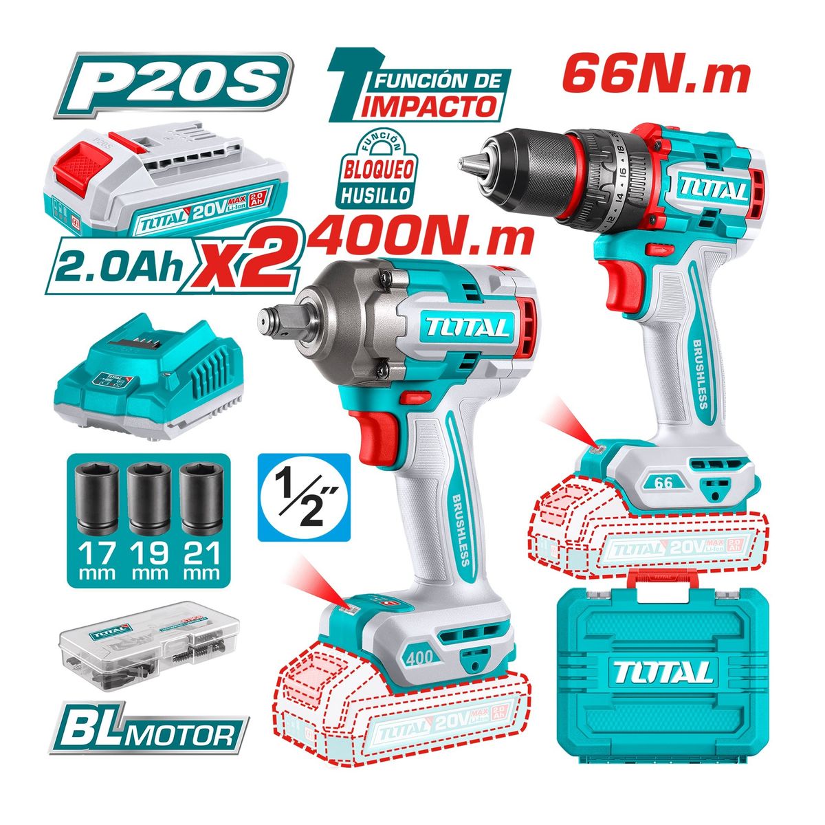 TOTAL TOOLS - KIT 20V INDUSTRIAL LLAVE DE IMPACTO 400NM BRUSHLESS+TALADRO PERCUTOR 66NM13MM TOTAL TCKLI20275