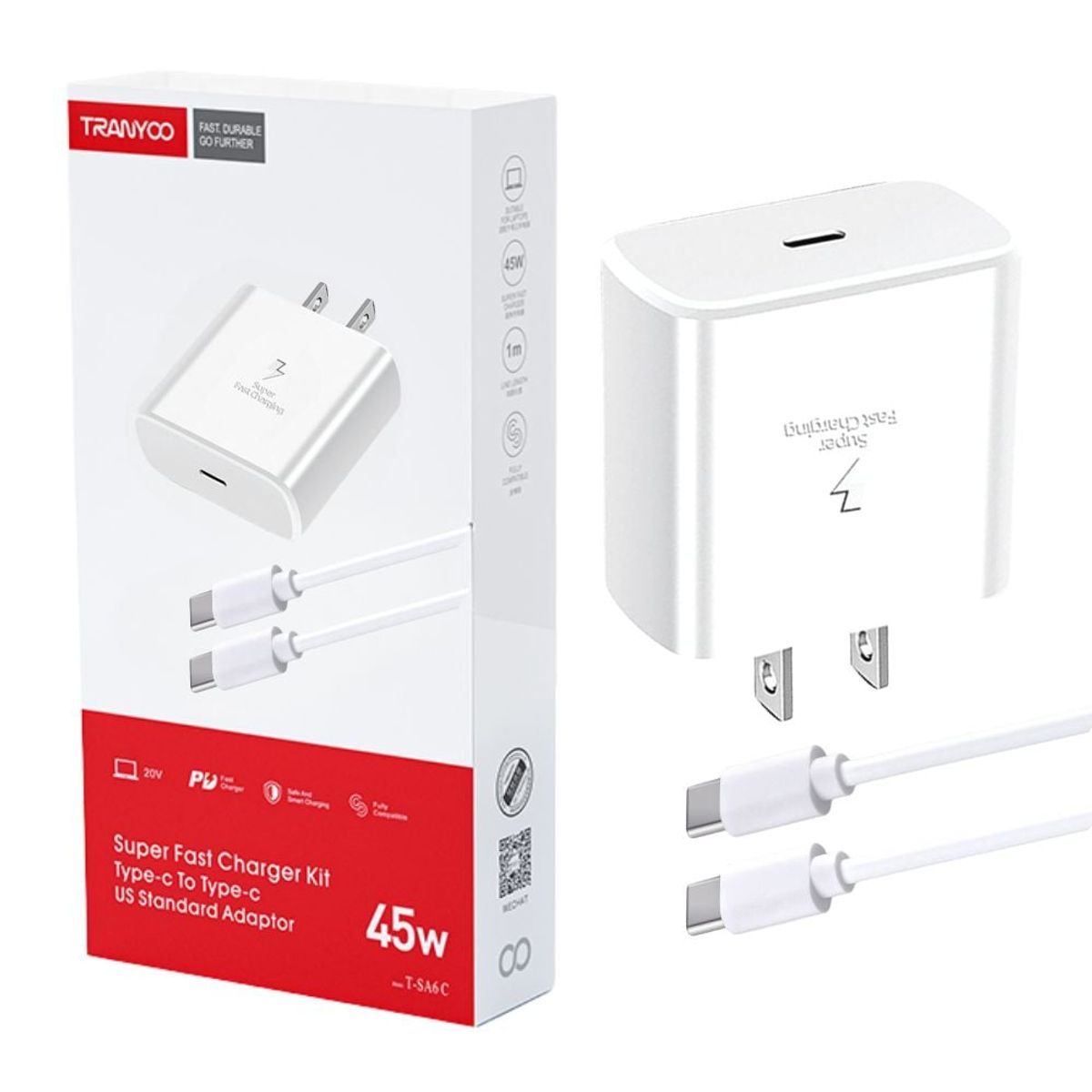 TRANYOO - Cargador 45W Tipo-C a Tipo-C Carga Súper Rápida TRANYOO T-SA6C Blanco