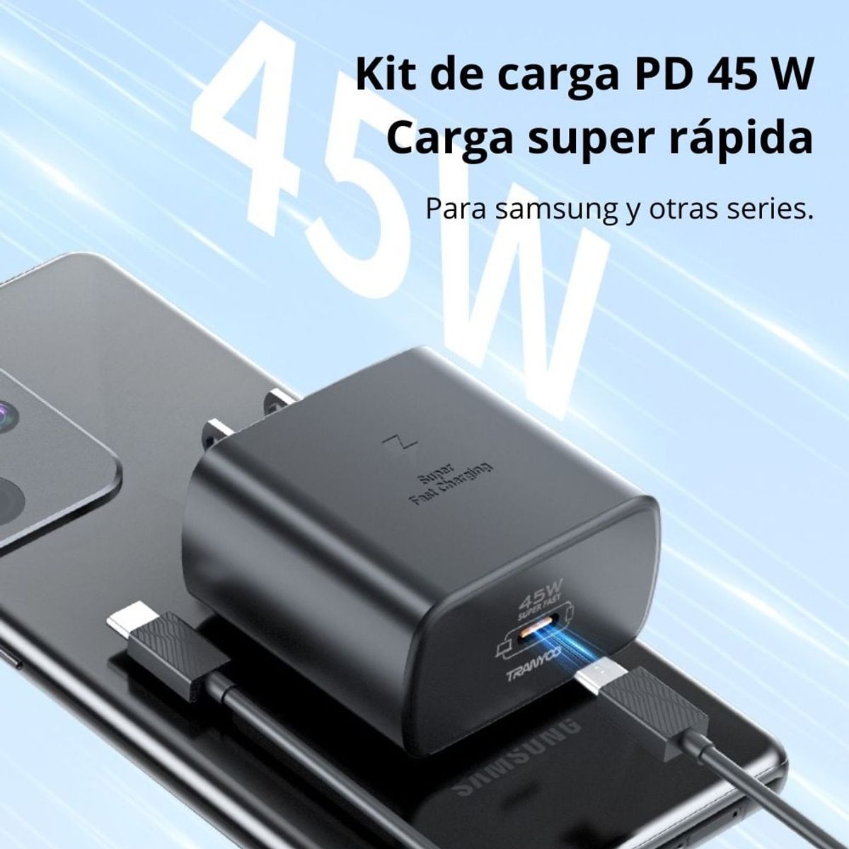 TRANYOO - Cargador 45W Tipo-C a Tipo-C Carga Súper Rápida TRANYOO T-SA6C Blanco