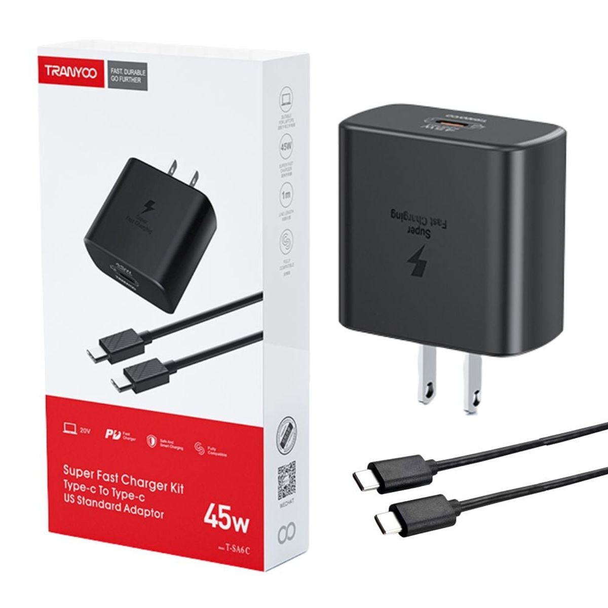 TRANYOO - Cargador 45W Tipo-C a Tipo-C Carga Súper Rápida TRANYOO T-SA6C Negro