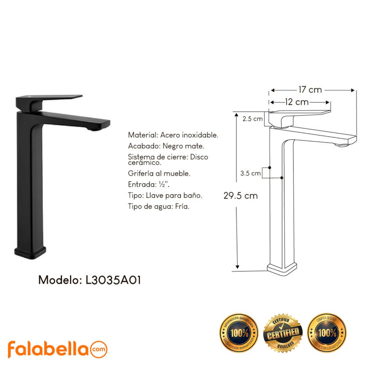 XM - Llave de agua fría para bañoL3035A01 Acero Inoxidable Negro Mate