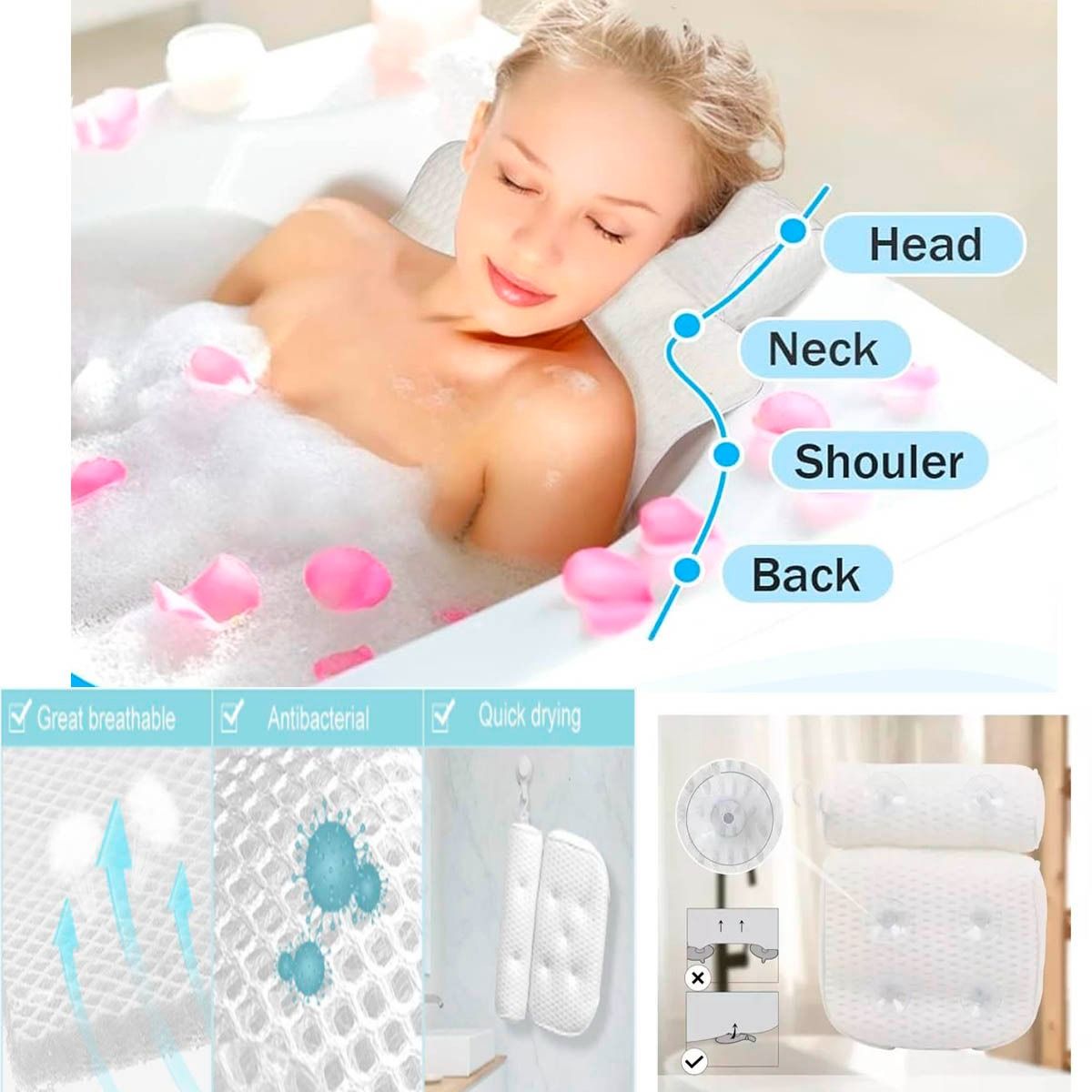 GENERICO - Pack 4 Almohadas con Soporte de Cuello para Baño Ayuda Discapacitados