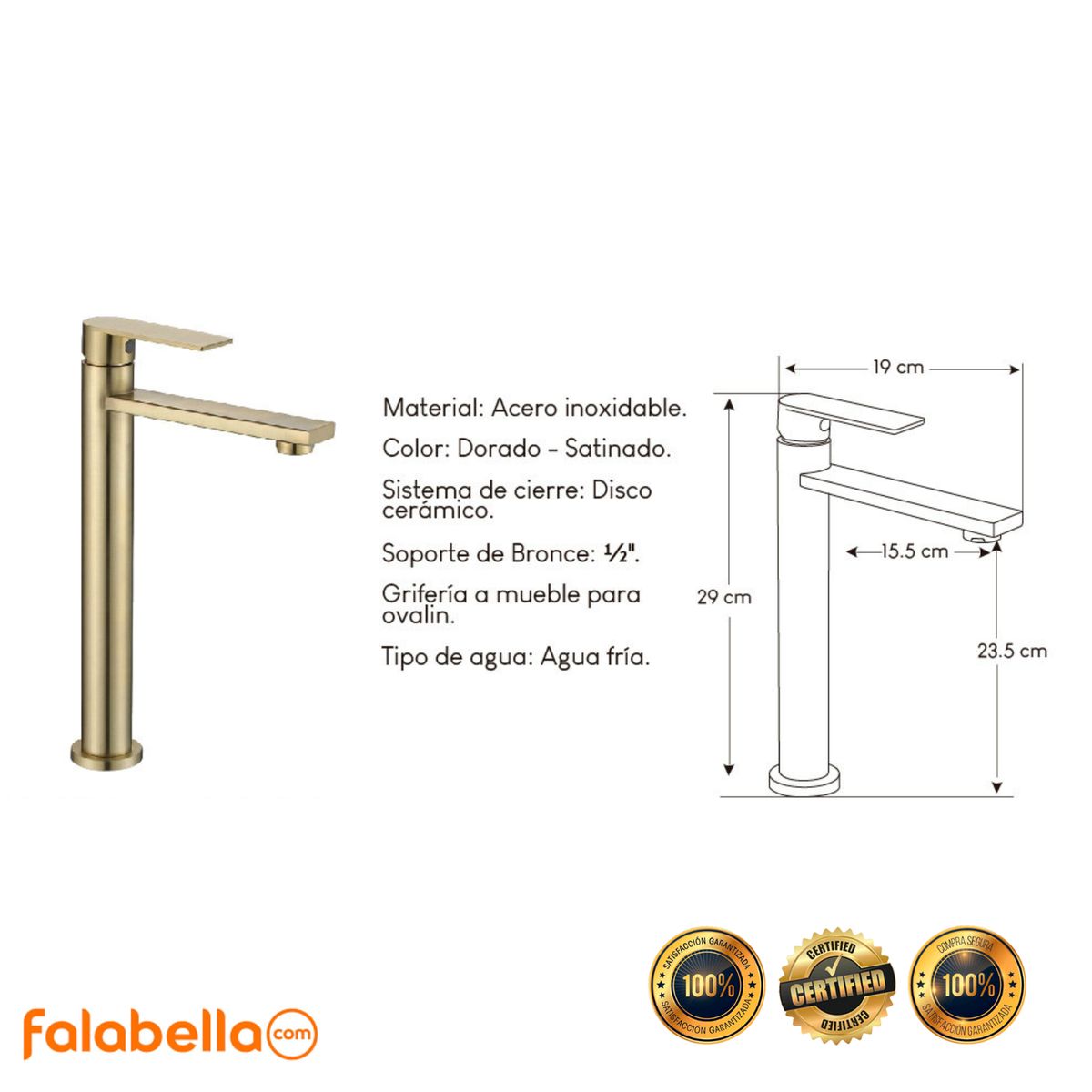 XM - Grifo de agua fría para baño L304-219A07 Acero Inoxidable Nano Dorado