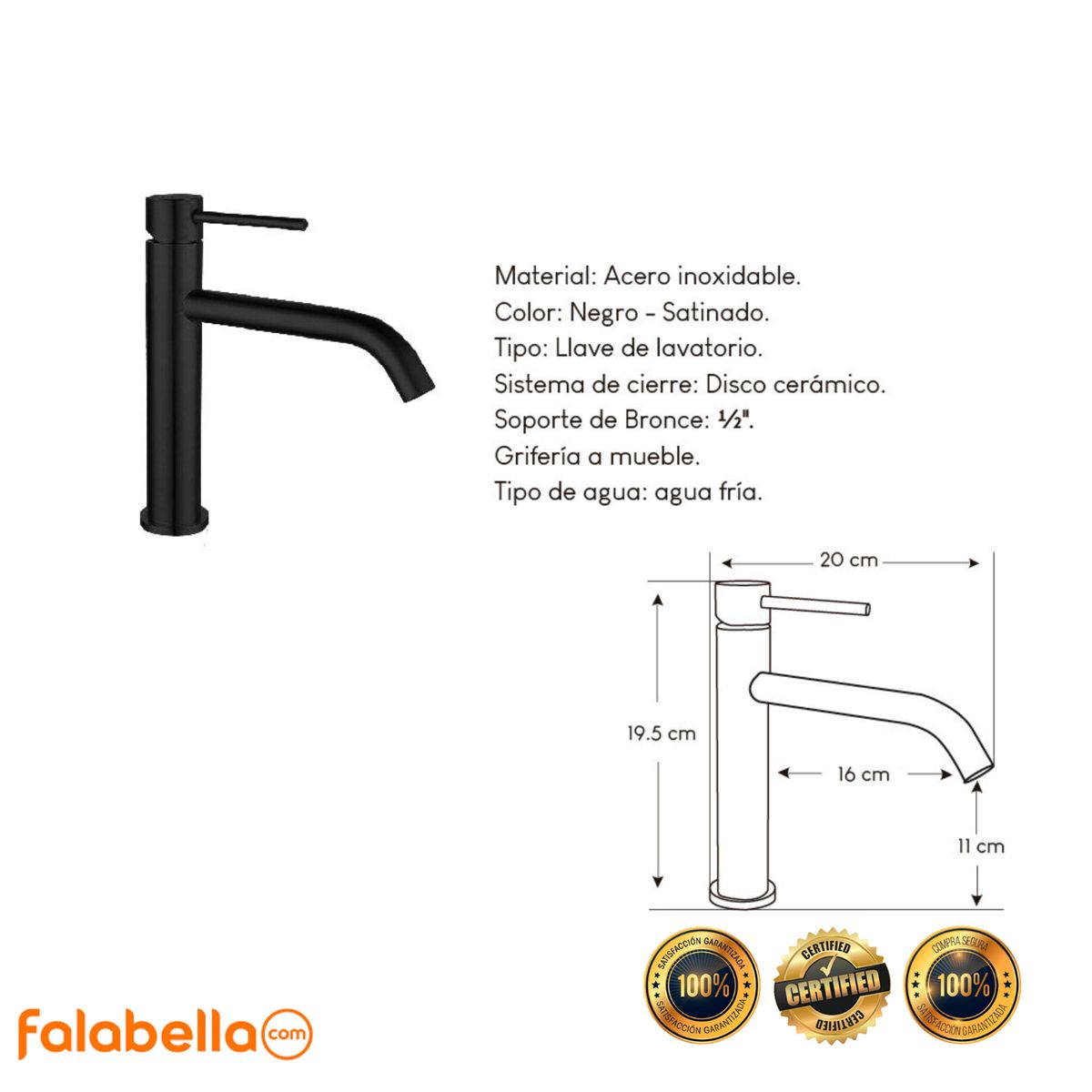 XM - Grifo de agua fría para baño L304-21801 Acero Inoxidable Negro Mate