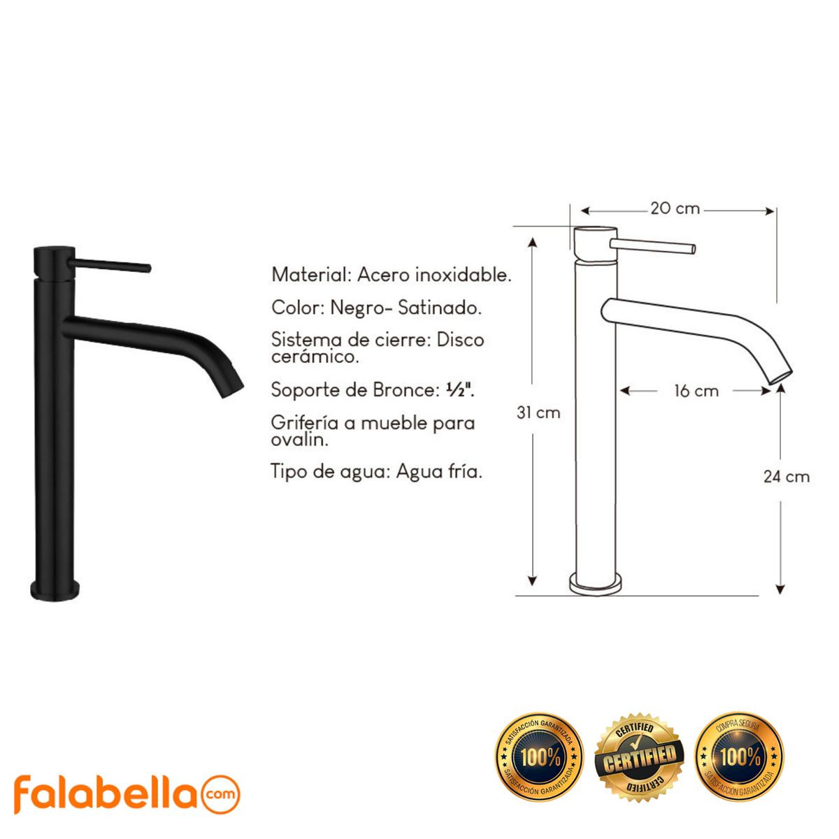 XM - Grifo de agua fría para baño L304-218A01 Inoxidable Negro