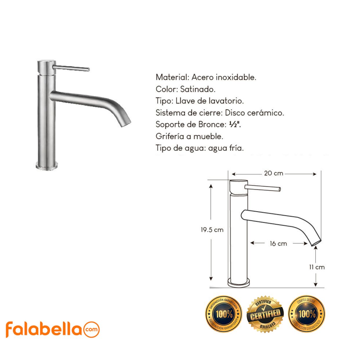 XM - Llave de agua fría para baño L304-218 Acero Inoxidable Satinado