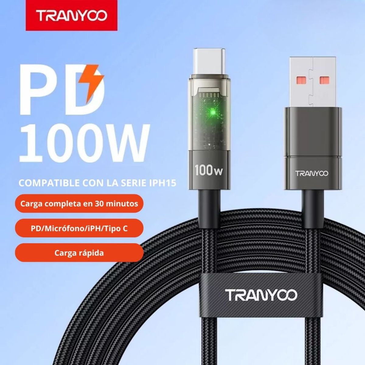 TRANYOO - Cable de Datos Carga Rápida 100W USB a Tipo-C Apagado Automático AC-1