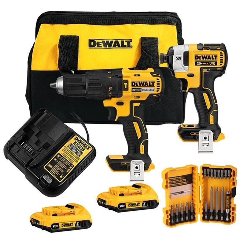 DEWALT - Taladro Percutor 1/2" + Atornillador de Impacto 1/4" 20V Brushless 2 Bat + Set 18 Pzs Dewalt DCK223D