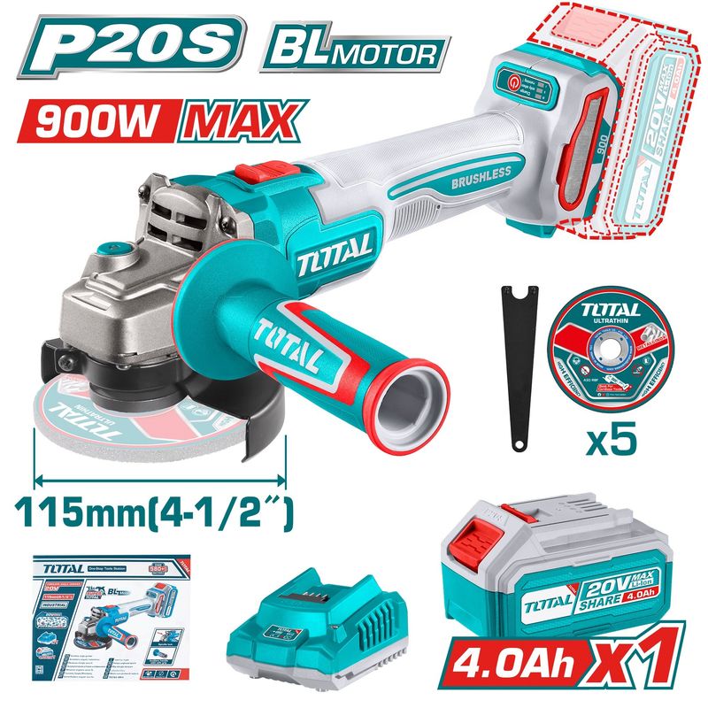 TOTAL TOOLS - AMOLADORA ESMERIL INALÁMBRICA 20V 4½" INDUSTRIAL BRUSHLESS BAT 4 AH TOTAL  TAGLI261521