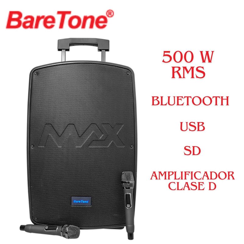 BARETONE - Parlante Portátil de Alto Rendimiento BARETONE MAX12NB 500W RMS ClaseD