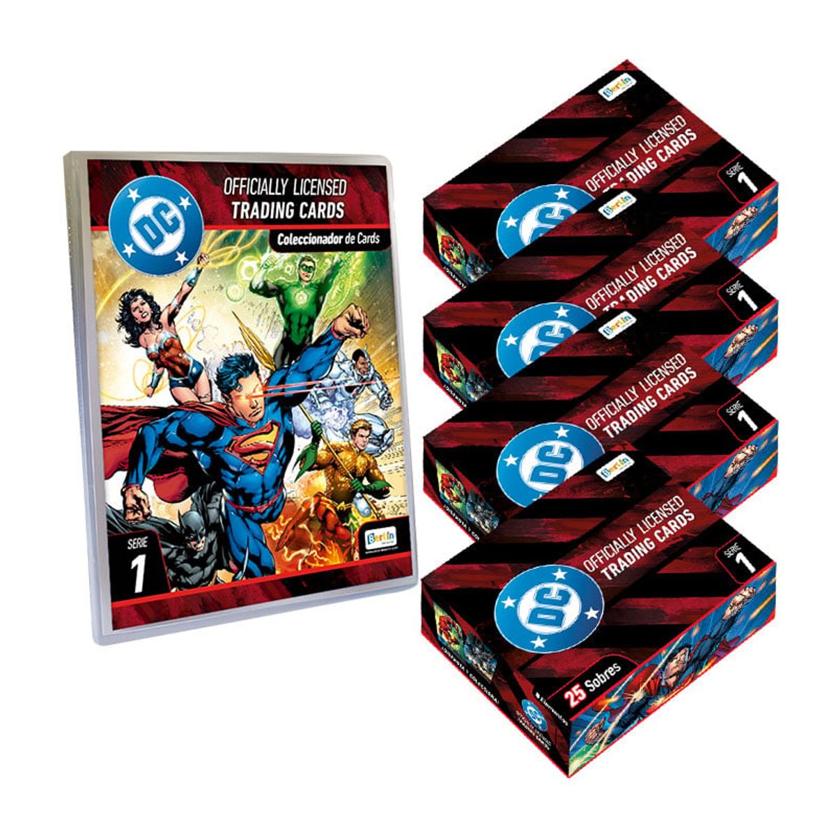 EDITORIAL BERLIN - CARDS DC SERIE 1, BINDER COLECCIONADOR + 4 PAQUETONES (100 SOBRES)