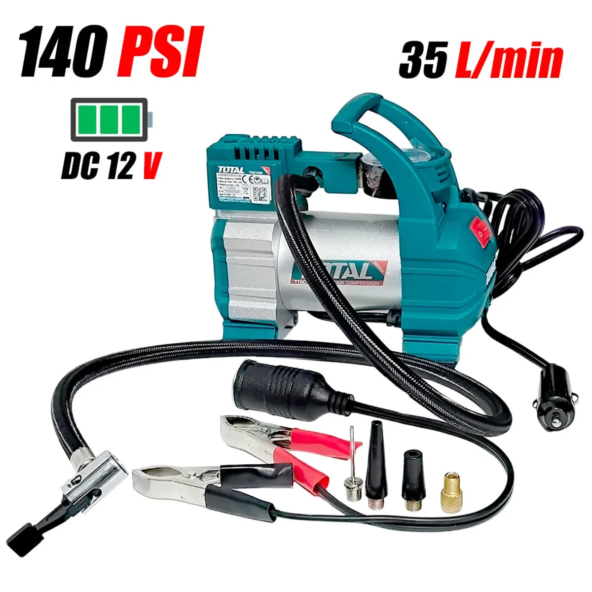 TOTAL TOOLS - Mini Compresora Aire Portatil Auto Vehiculos 12V TTAC1406 140psi