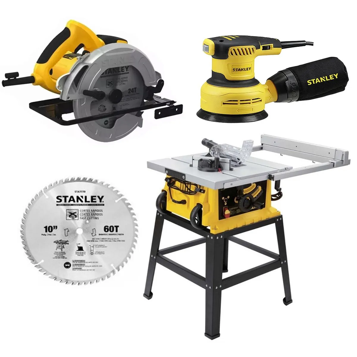 STANLEY - Sierra de Mesa 10" 1800W + Sierra Circular 7 1/4" 1600W + Lijadora Excéntrica 5" 300W Stanley SST180