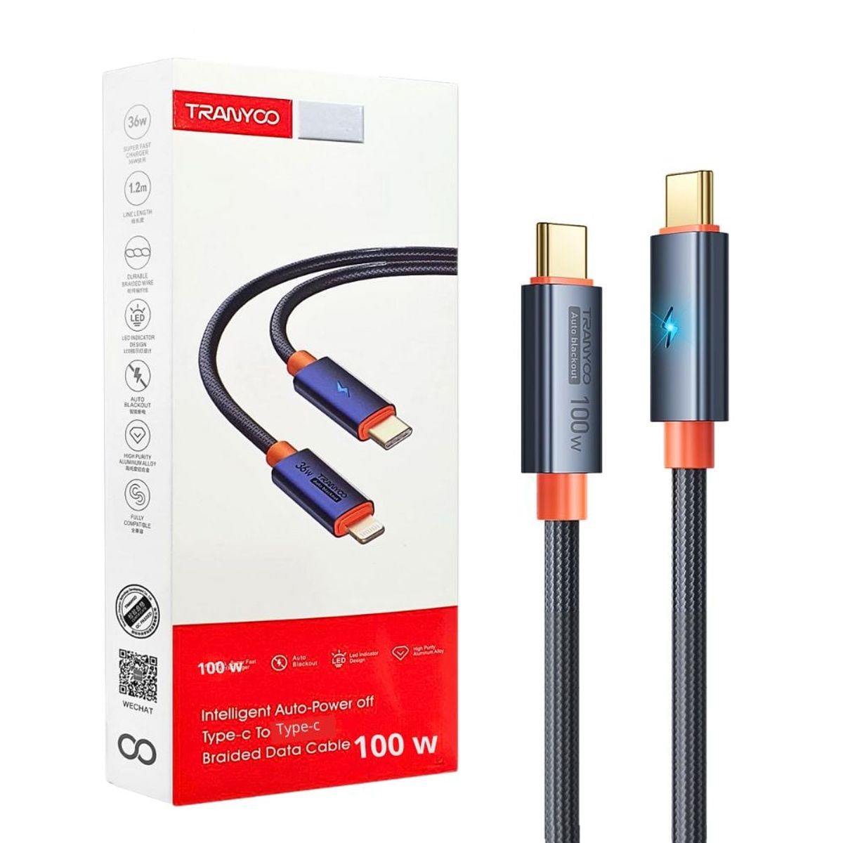 TRANYOO - Cable de Datos Trenzado 100W Tipo-C a Tipo-C Apagado Automático CC-5